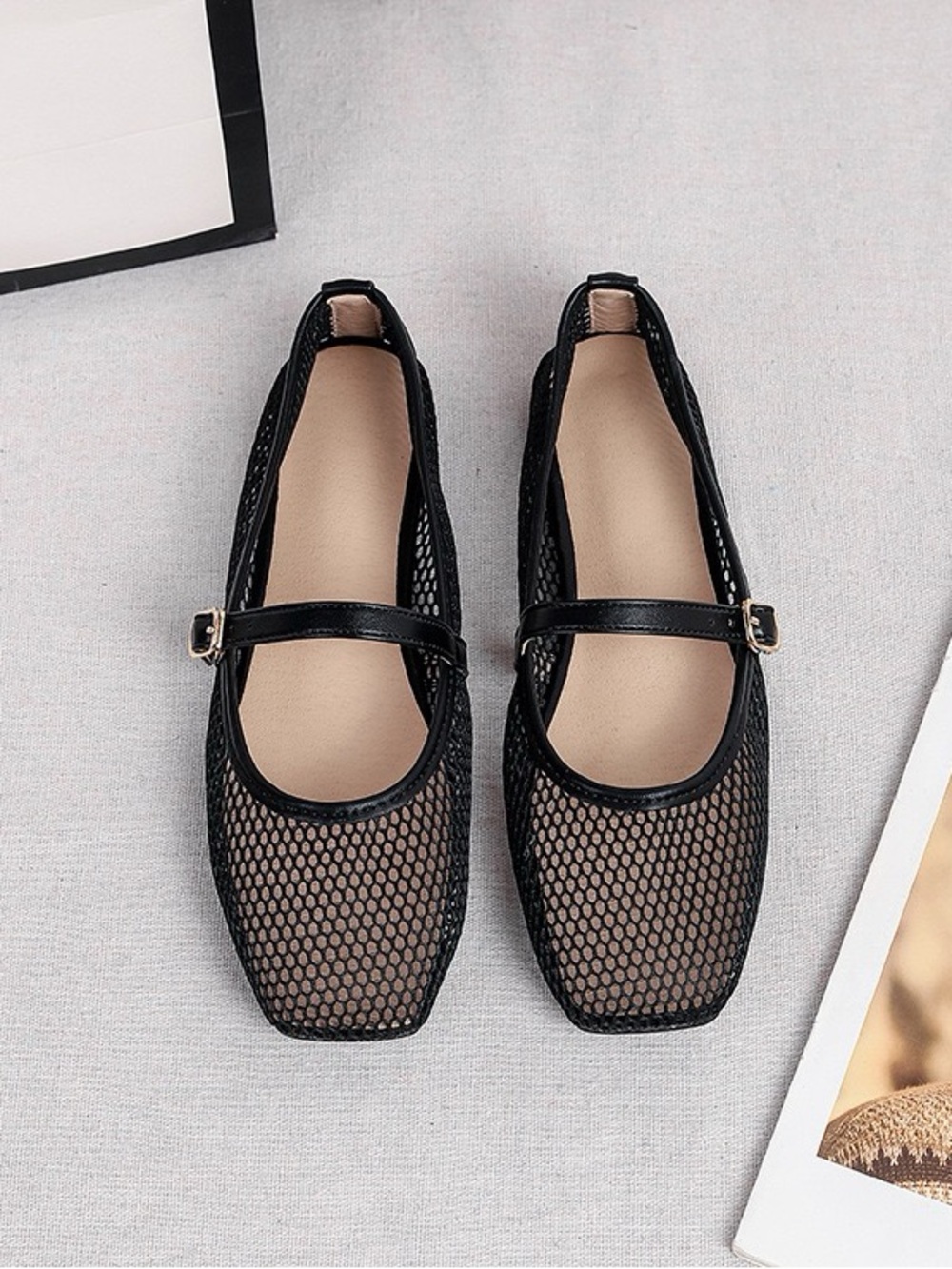 Neutral Beige Mary Jane Mesh Flats with Adjustable Strap - Picture 3 of 7
